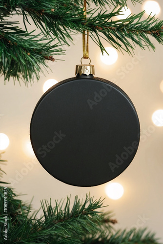 Hockey Puck Themed Christmas Ornament Mockup Template with Blank Puck Hanging from a Christmas Tree