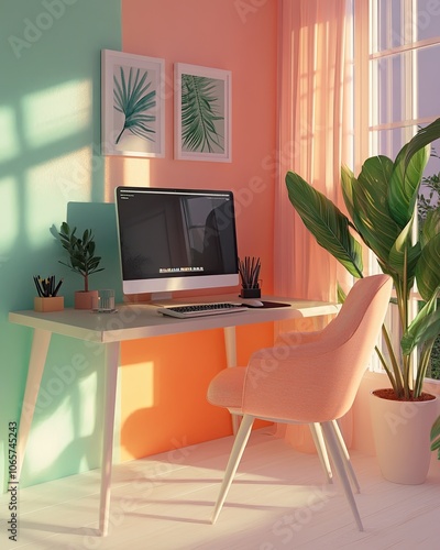 Pastel Paradise:  A bright and airy home office space, bathed in soft pastel hues and sunlight, with a modern desk, comfortable chair, and lush greenery, creating a serene and inspiring workspace.  photo