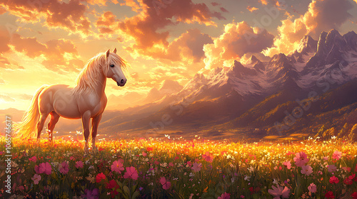 A Serene Fjord Pony Standing Majestically in a Lush Green Meadow During a Vibrant Sunset with Wildflowers photo