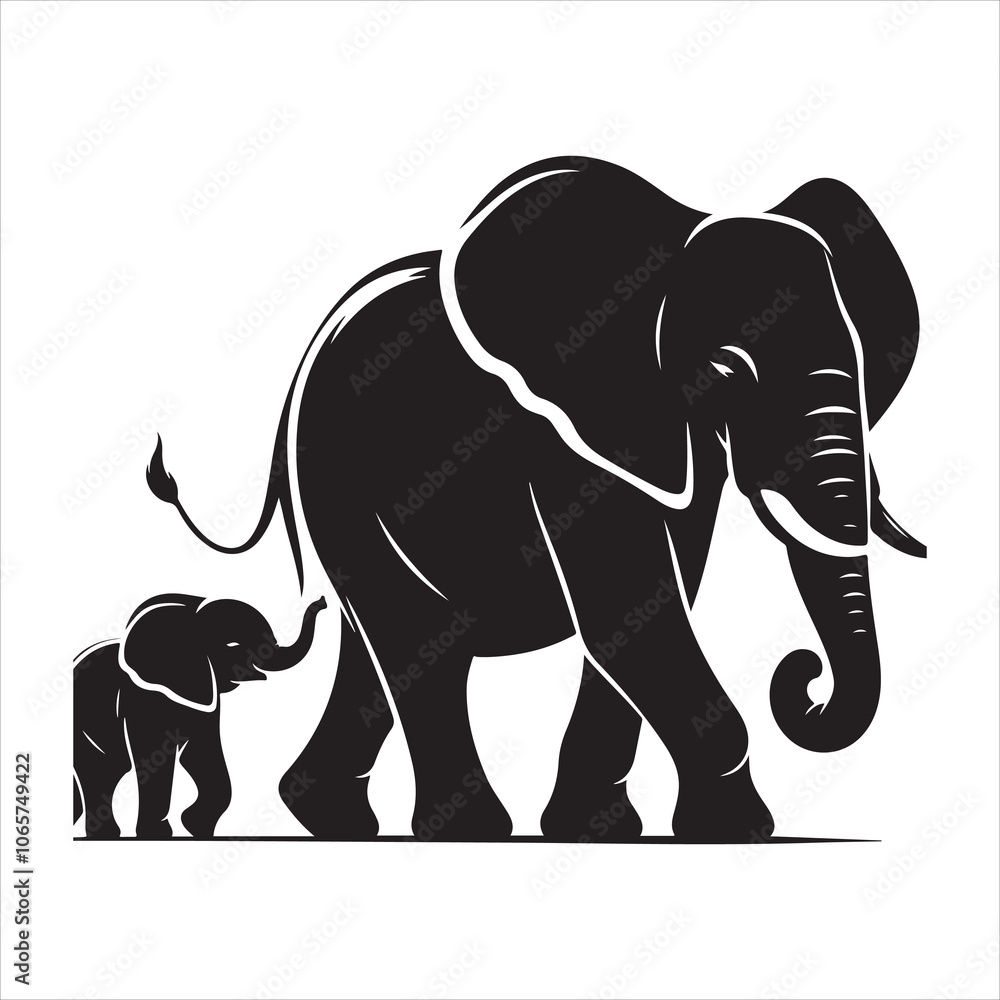 Obraz premium Black silhouette of a standing elephant on a clean white background