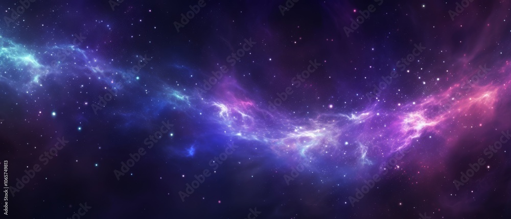 Fototapeta premium A vibrant and stunning cosmic nebula is showcasing the mesmerizing beauty of the galaxy, beautifully blending deep dark blue and rich purple hues in an ethereal night sky full of wonder and magic