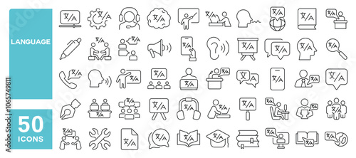 Set of 50 line icons related to language, translate, speech, dictionary, text, skill, talk, vocabulary, verbal, speak, grammar, Editable stroke. Vector illustration