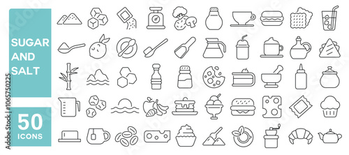 Set of 50 line icons related to sugar and salt, salty, sweet, cane, sea, powder, starch, spoon, cube, nature, pack, glucose, Editable stroke. Vector illustration