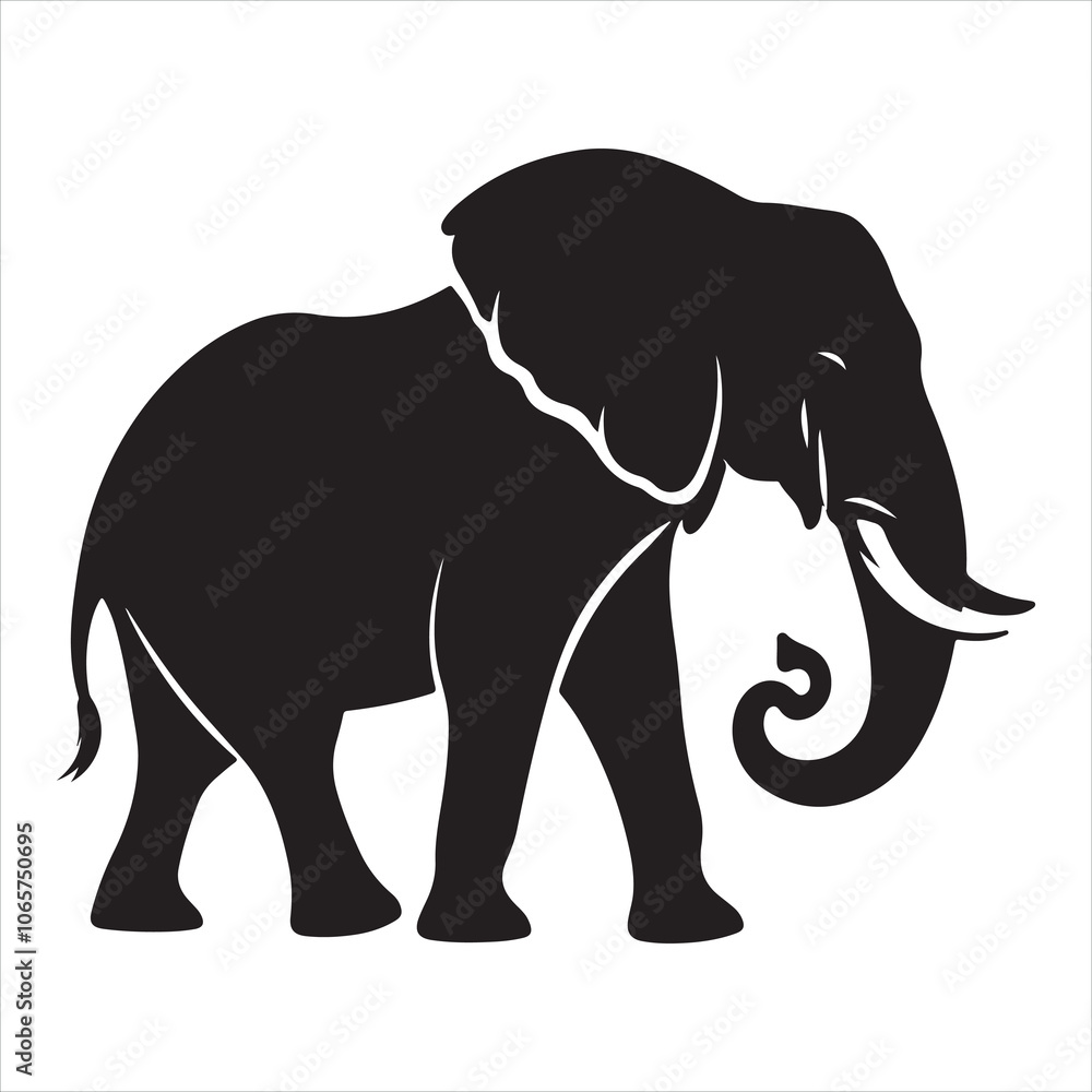 Obraz premium Black silhouette of a standing elephant on a clean white background