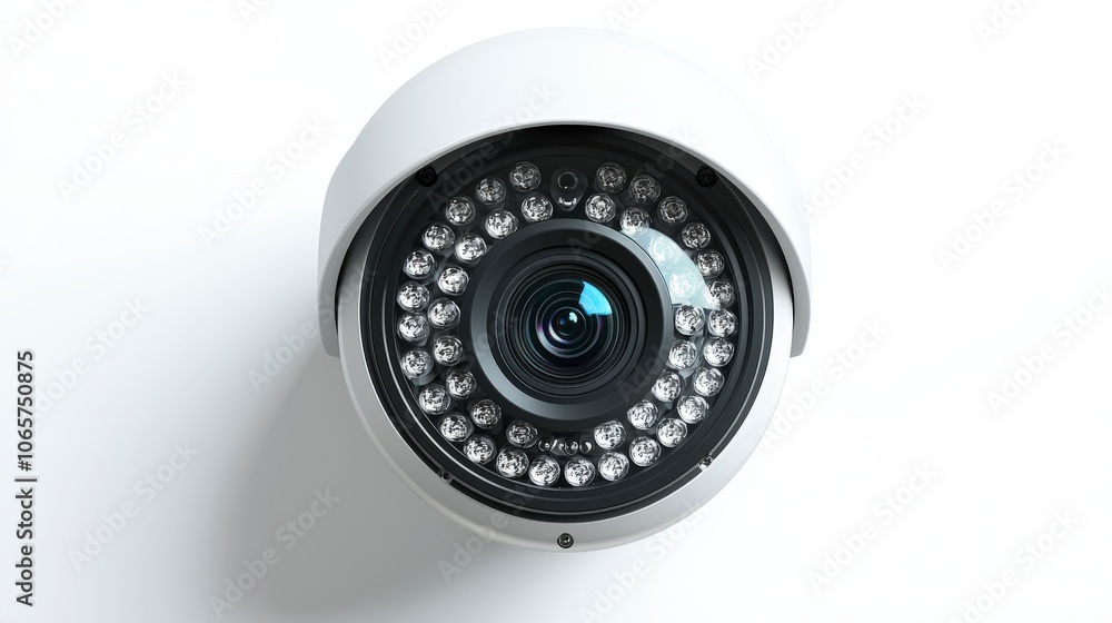 A dome-style security camera with a range of LEDs adorns the enclosed frame, providing a clear view for security applications and surveillance monitoring needs. A dome-style security camera with a range of LEDs adorns the enclosed frame, providing a clear view for security applications and surveillance monitoring needs.