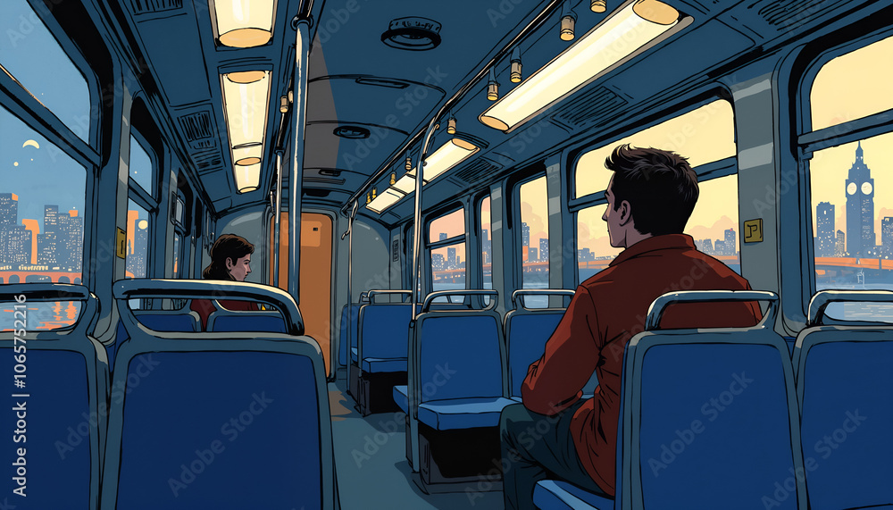 Fototapeta premium a man sits on a bus with a man on his lap and a woman in a red shirt.