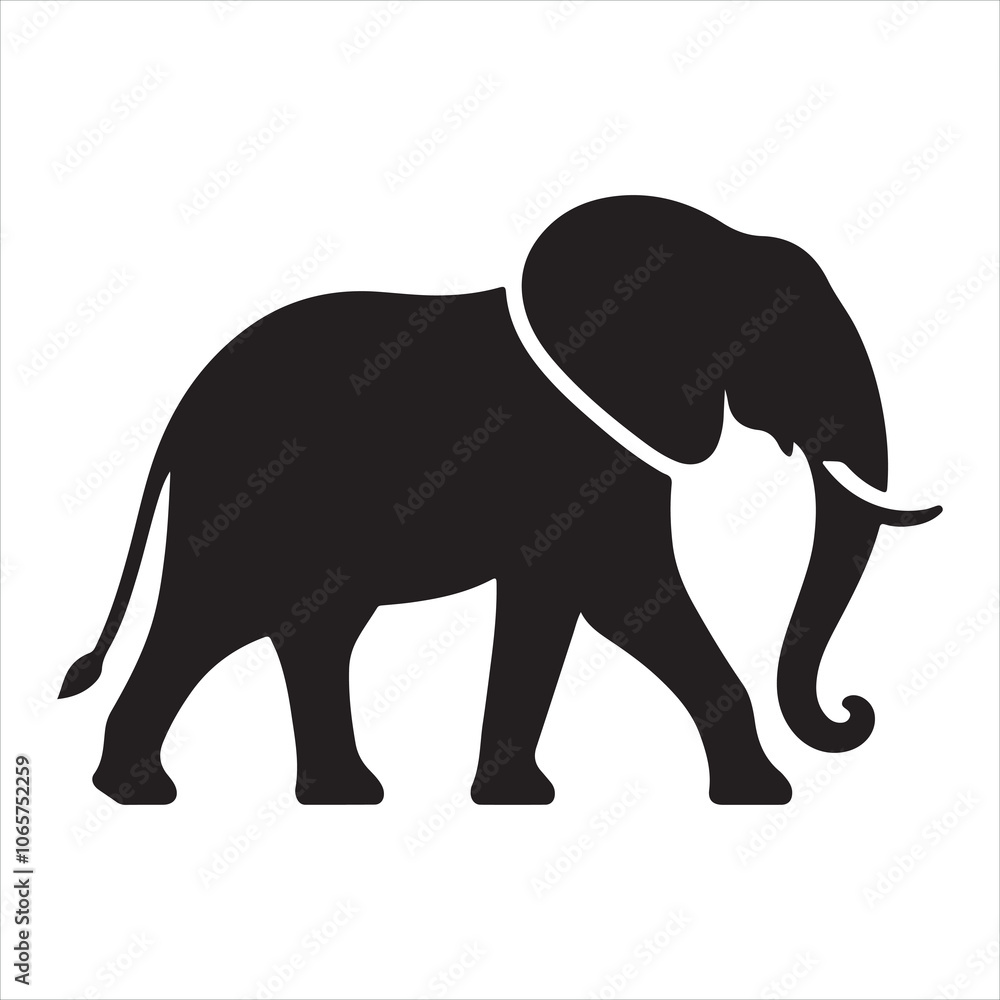 Black silhouette of a standing elephant on a clean white background Black silhouette of a standing elephant on a clean white background