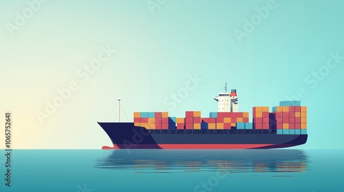 Cargo ship with stacked containers, representing overseas logistics, Vector illustration.