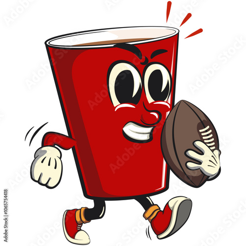 Red cup beer pong cartoon mascot character icon playing rugby and american football, work of hand drawn