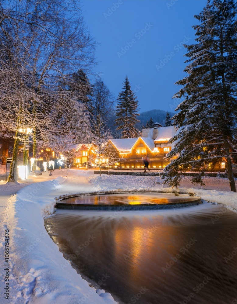 Fototapeta premium Snow-covered landscapes, cozy cottages, and ice skating scenes.
