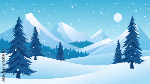 Winter evening rush landscape. Rising moon over beautiful snow-capped mountain peaks. Mountains, hills, forest, fir trees and pine trees in snowy weather.