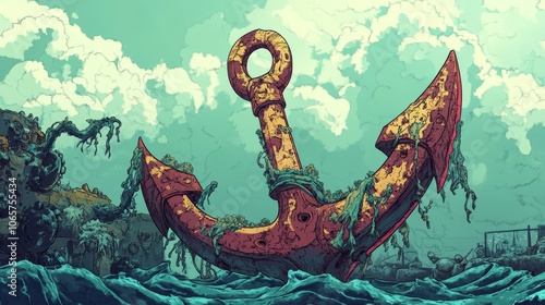 A rusty anchor is floating in the ocean. The water is choppy and the sky is cloudy