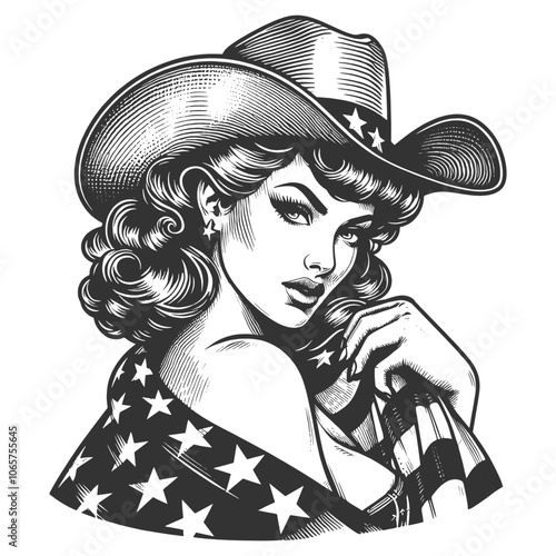 cowgirl wearing a hat, draped in an American flag, with flowing hair and confident expression sketch engraving generative ai vector illustration. Scratch board imitation. Black and white image.