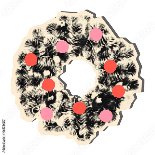Christmas wreath halftone art collage cut out element. Paper clipping sticker, New Year sticker with vintage dotted texture and doodle ornaments. Modern retro grunge mixed media vector illustration