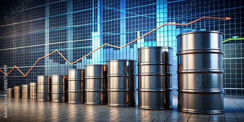 Oil Barrel Boom A 3D Rendering of Rising Oil Prices Represented by Barrels Aligned with a Rising Stock Market Graph