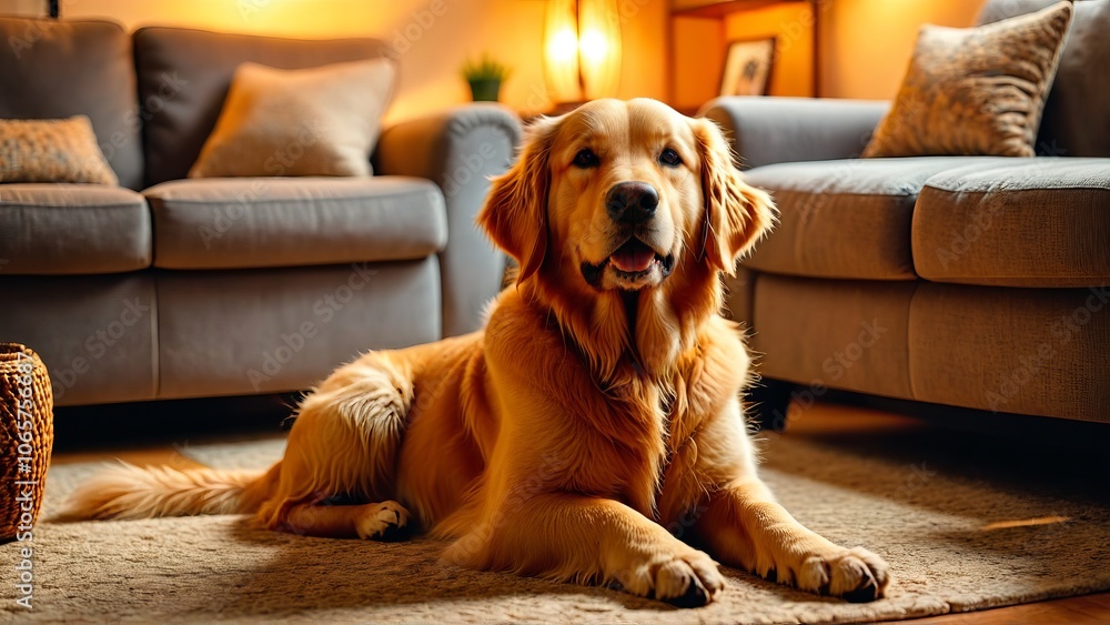 Obraz premium Golden retriever relaxing in cozy living room with warm lighting
