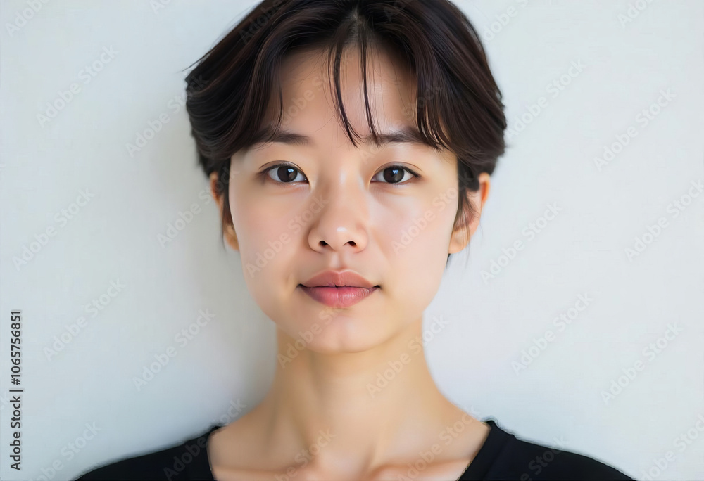 Portrait of a young asian woman with short hair on a light background Portrait of a young asian woman with short hair on a light background