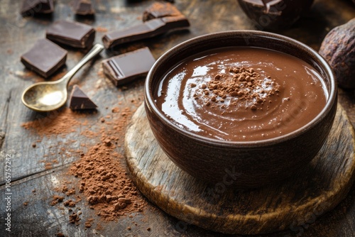 dessert photography, a bowl of decadent chocolate pudding on a wooden table sprinkled with cocoa powder, with a spoon next to it and space for text photo