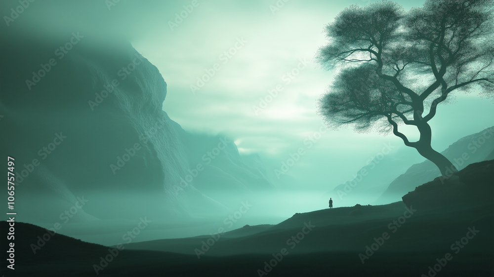 Obraz premium Dystopian surreal foggy countryside landscape with blue green tinted haze.