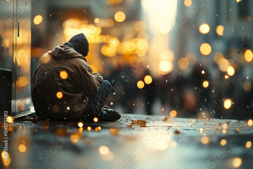 A homeless man sits near a small fire on New Year's Eve against the backdrop of bright New Year's lights, windows in garlands and decorations, and people walking photo