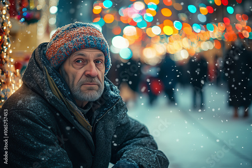 A homeless man sits near a small fire on New Year's Eve against the backdrop of bright New Year's lights, windows in garlands and decorations, and people walking