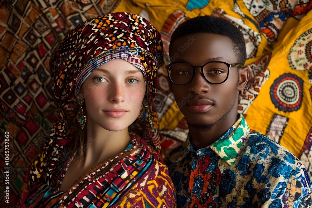 Fototapeta premium portrait of people withy vibrant colors, representing cultural diversity, ethnic attire, colorful African prints and modern beauty
