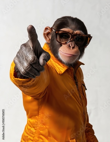 A stylish monkey in an orange jacket and dark sunglasses points confidently at the camera, blending bold fashion with humor and attitude in a vibrant close-up portrait.