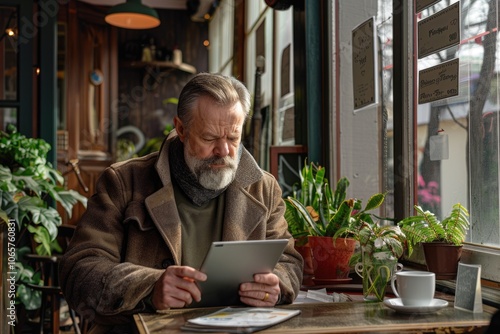 Man with tablet computer reading news at motning in cafe shop photo