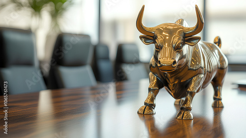 conference table, golden bull figurine, taurus, investments, business resources, fund, stock exchanges, banks, finance 
