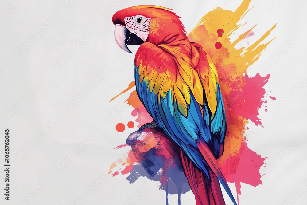 Fototapeta premium colorful parrot is perched on a white background. The bird's bright colors and its position on the page create a sense of vibrancy and energy. The image is likely meant to evoke feelings of joy