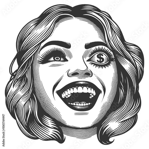 excited woman with a dollar sign in her eye, symbolizing greed or money obsession sketch engraving generative ai fictional character vector illustration. Scratch board imitation. Black and white image