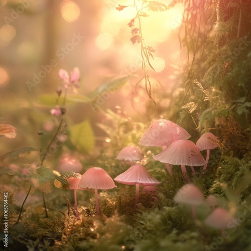 Wallpaper Mural A serene forest scene featuring delicate pink mushrooms illuminated by soft sunlight, surrounded by lush greenery. Torontodigital.ca