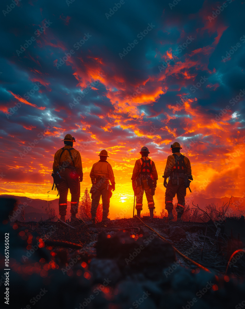 Fototapeta premium Firefighters unite at sunset post-battle. Four firefighters gather against a stunning sunset backdrop after a demanding day of battling wildfires.
