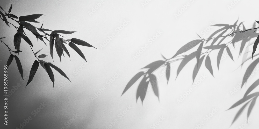 Obraz premium 竹の葉の影が静かな背景に映し出される、美しいモノクロの作品