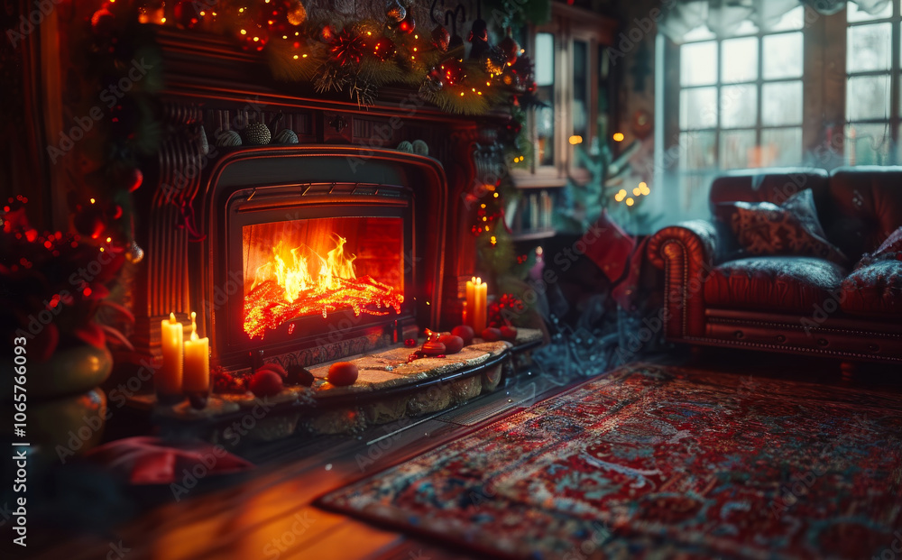 Obraz premium Warm fireplace in a festive room. A warmly lit fireplace creates a cozy atmosphere in a decorated living room with festive touches and soft furnishings.