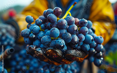 Farmers harvest grapes in autumn vineyards. Workers collect freshly picked grapes, showcasing the vibrant colors and wet surfaces, typical of the harvest season. photo