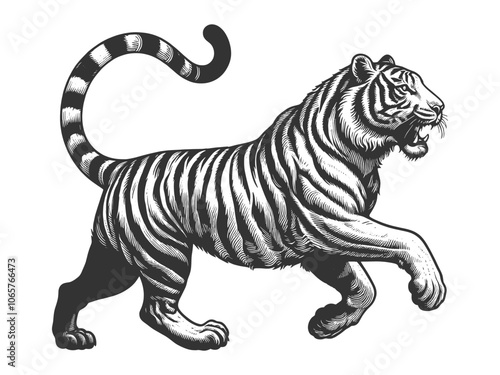 fierce leaping tiger tattoo design with an open mouth, drawn in an engraving style sketch engraving generative ai vector illustration. Scratch board imitation. Black and white image.
