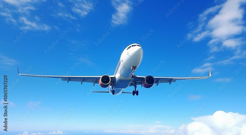 Obraz premium airplane in the blue sky, airplane in the sky, flying airplane in the air, close-up of a airplane