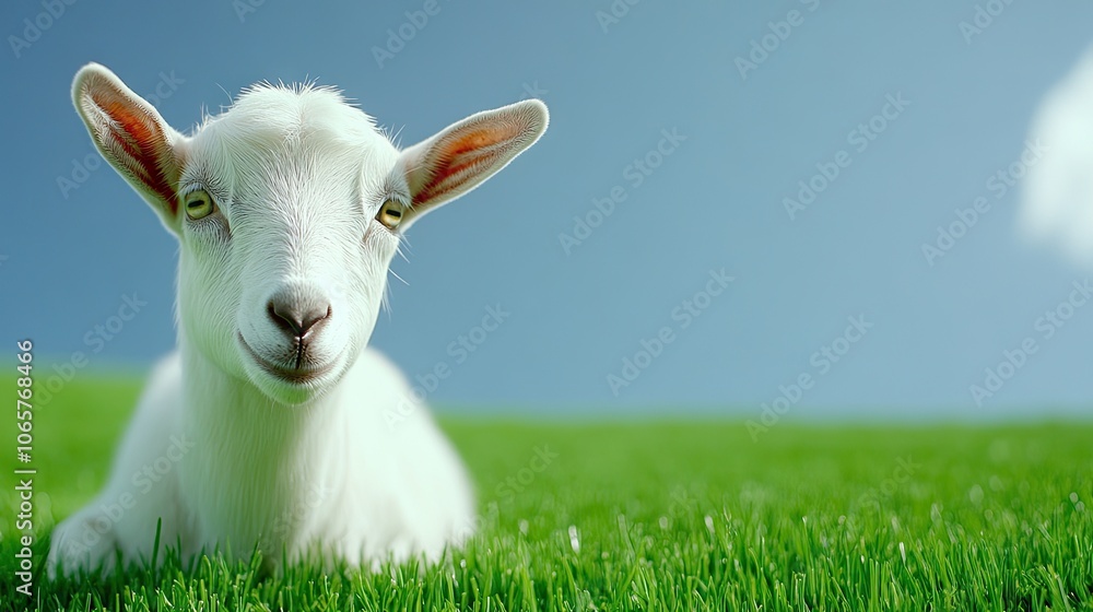 Fototapeta premium A charming white goat gazes curiously into the camera while lounging on lush green grass under a sunny sky