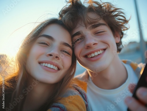 Joyful Couple Posing for a Selfie at Sunset photo