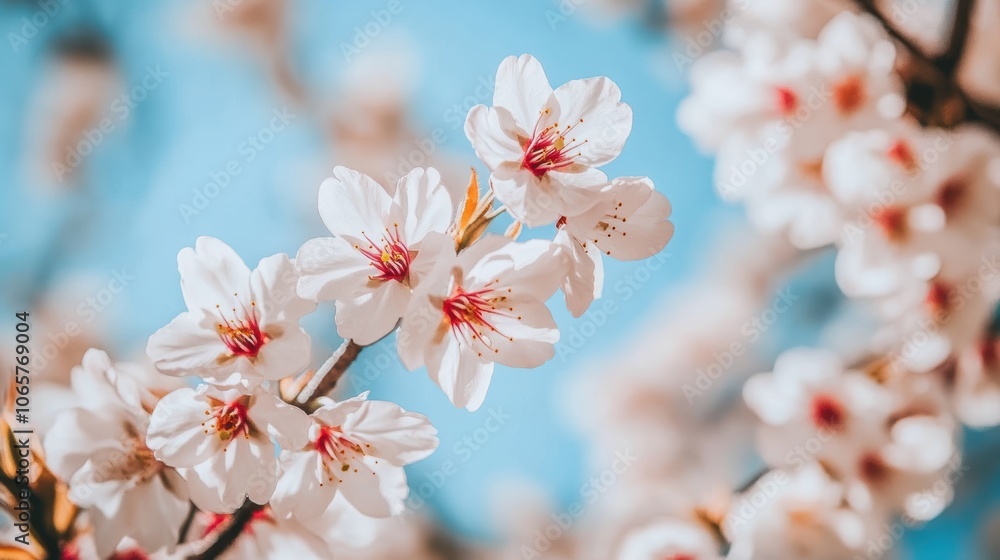 Fototapeta premium 春の青空の下で咲く桜の花、満開の時期に東京の公園で撮影