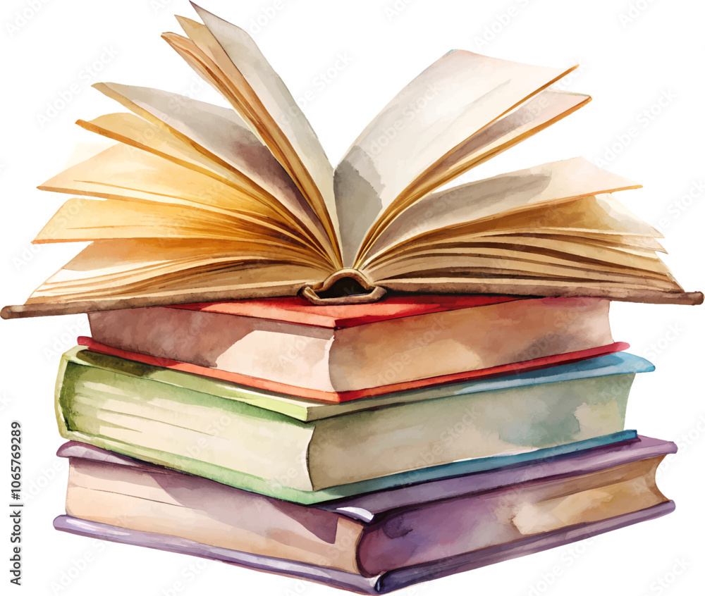 Naklejka premium Back to school opened book on stack of Books watercolor style isolated on white background.