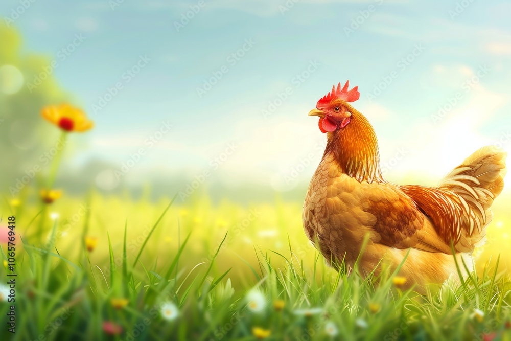 Fototapeta premium Roosters and chickens on a chicken farm, agriculture and poultry farming