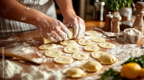 Hands expertly roll out dough and cut circles for pierogi on a kitchen countertop, covered in flour photo