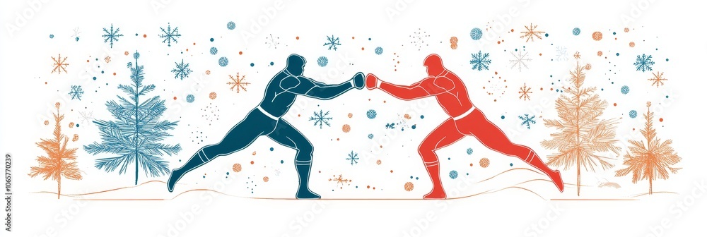 Obraz premium A minimalist line art design depicting two wrestlers in a snowy landscape. This artwork symbolizes strength, competition, winter, and holiday spirit.