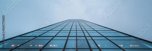 A low angle view of a modern glass skyscraper, showcasing its sleek design and ambition, symbolizing growth, progress, architecture, urban development, and modernity.