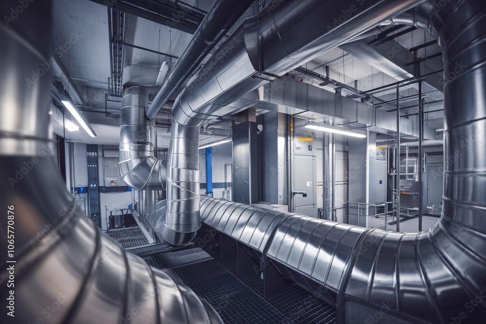 Obraz premium Industrial Ventilation System: A complex network of pipes and ducts, meticulously designed to regulate airflow and maintain optimal temperature and humidity levels in a large industrial setting.