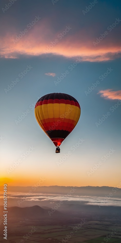 Fototapeta premium Hot air balloon ride in the sky above landscape at sunrise or sunset. Tourism, travel attraction and adventure concept. Generated AI