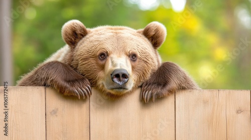 Crying bear peering through wooden bars in a Russian zoo, evoking a sense of sadness amidst a tranquil natural setting photo