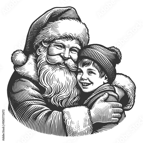 Santa Claus embracing a joyful child boy, showcasing festive, classic linework holiday warmth sketch engraving generative ai vector illustration. Scratch board imitation. Black and white image.